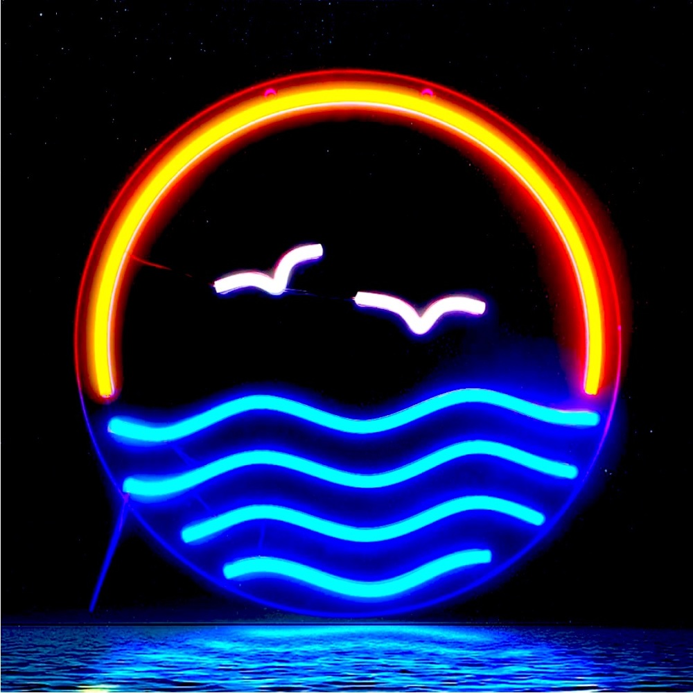 Neon Ocean Wave Sunset Blue Red Light Bedroom Beach Vacation Summer Wall Decor